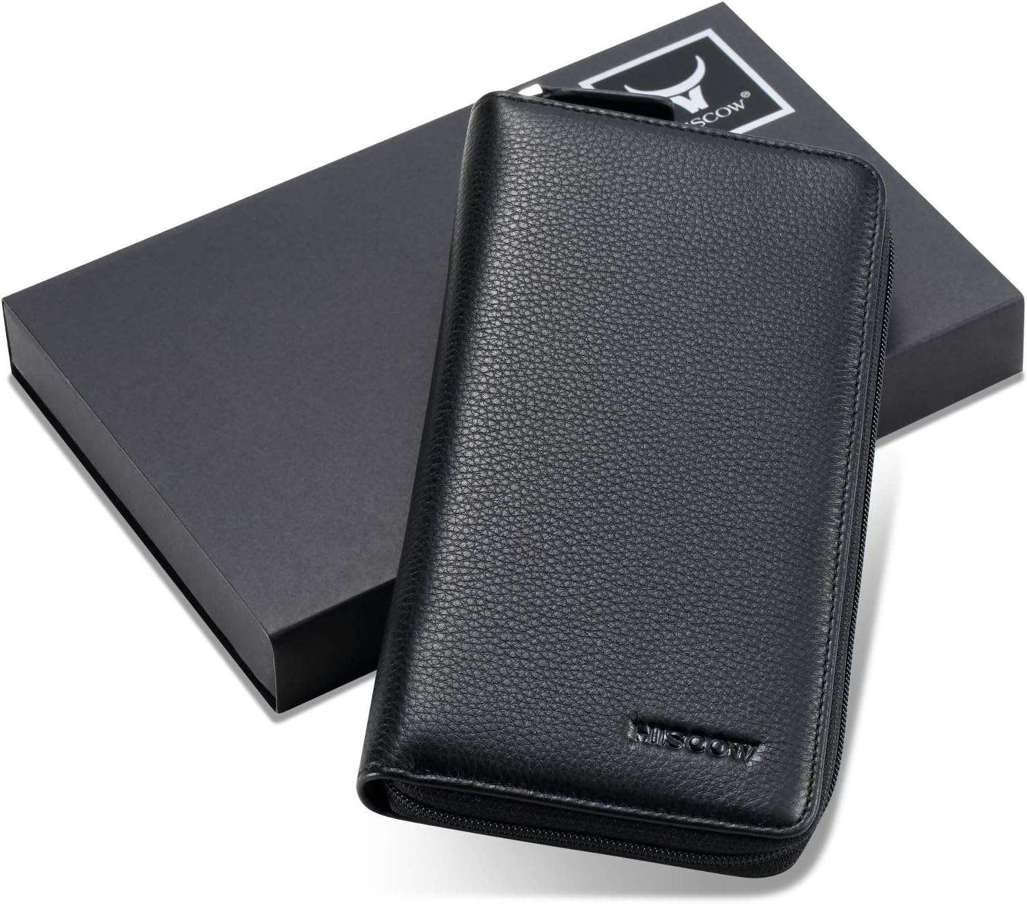 HISCOW Zippered Checkbook Cover & Card Holder with Divider - Italian Calfskin (Pebbled Black)