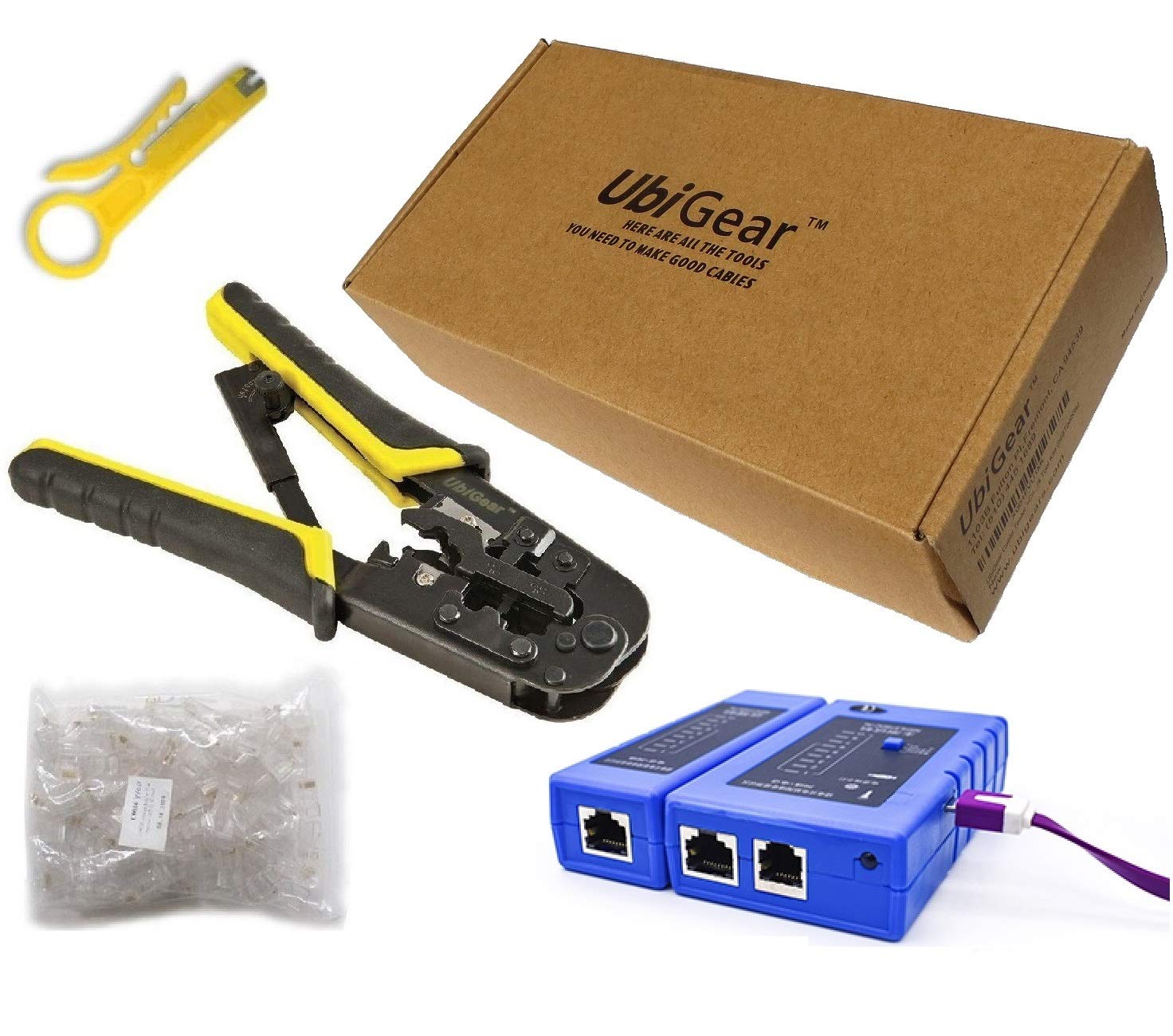 UbiGear® Cable Tester +Crimp Crimper +100 RJ45 CAT5e Connector Plug Network Tool Kits (568ToolKits)