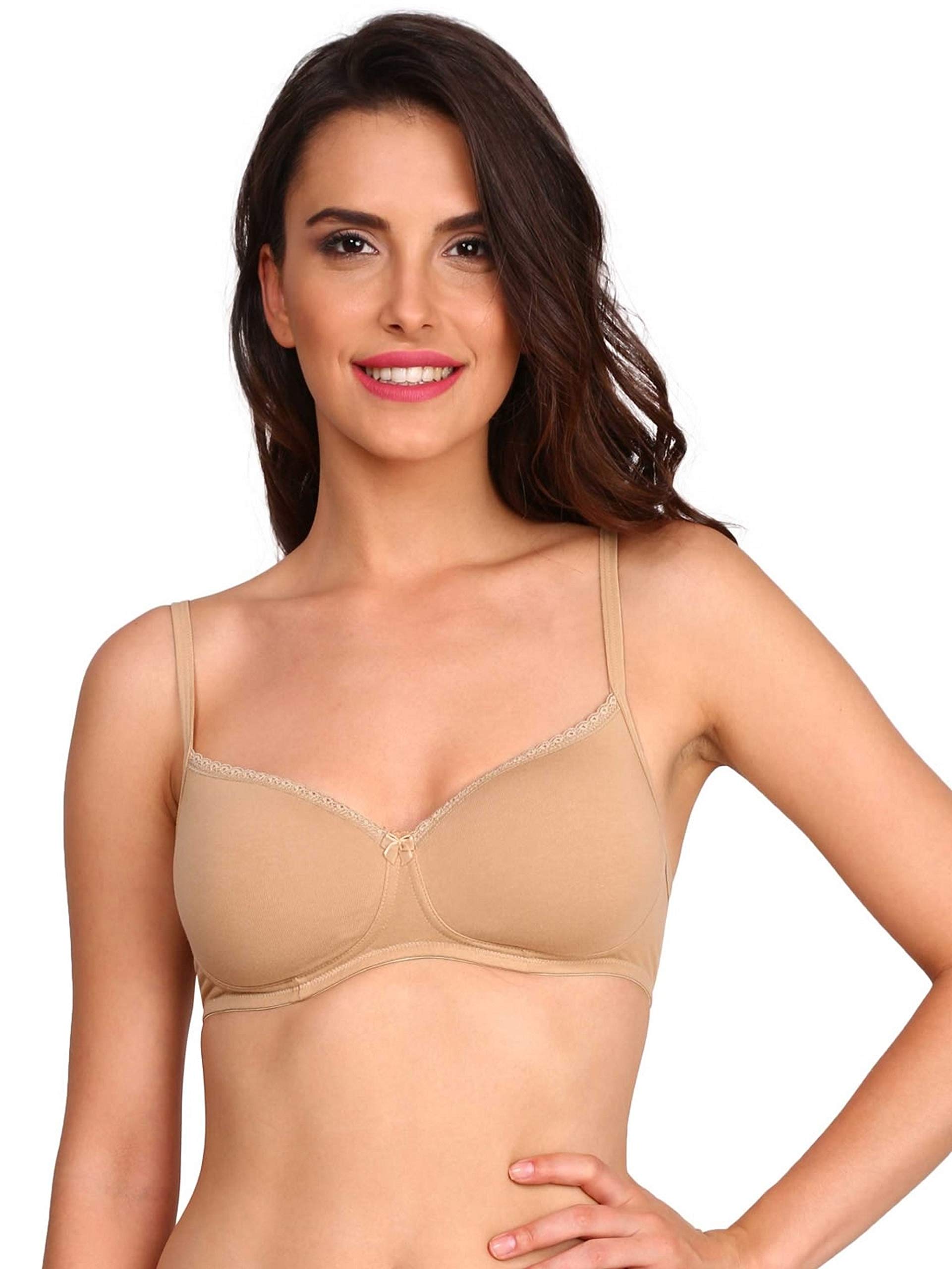 Jockey1723 Women's Wirefree Padded Super Combed Cotton Elastane Stretch Medium Coverage Lace Styling T-Shirt Bra with Adjustable Straps_Skin_32B