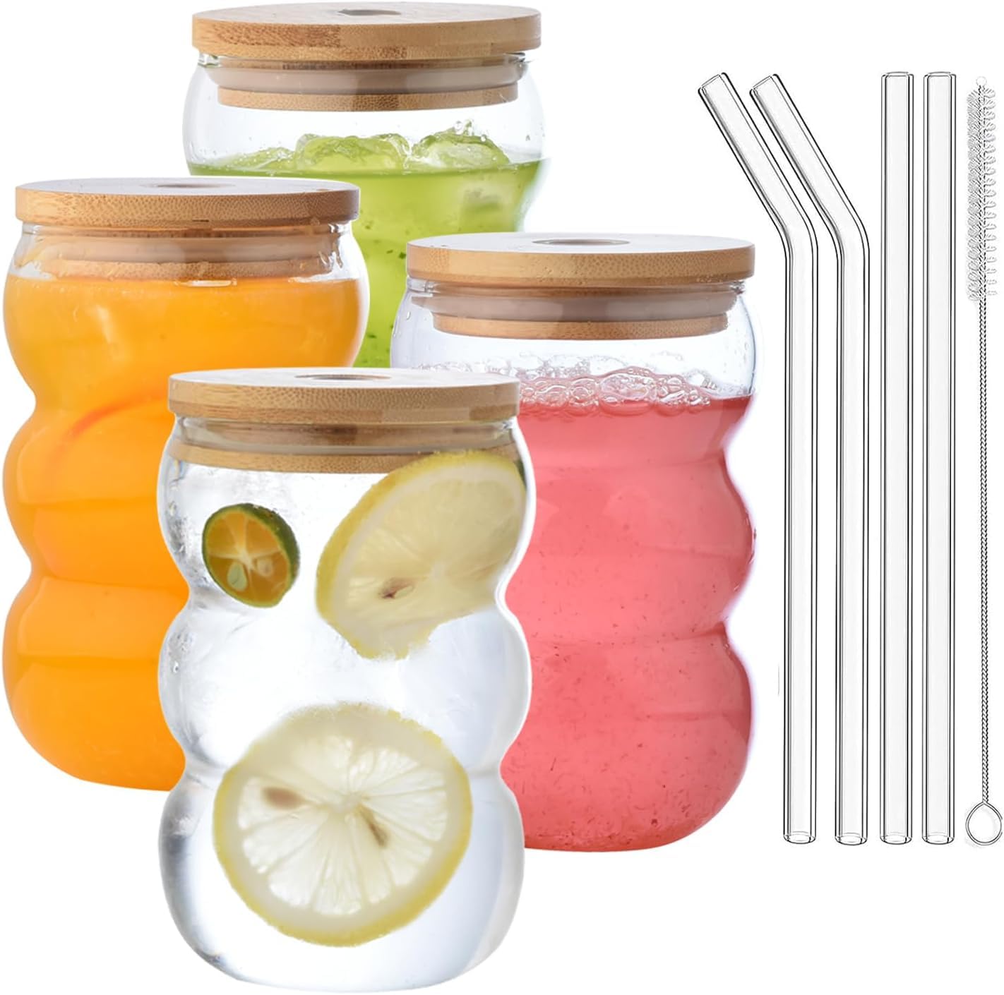 VITEVER 4 Pack 550ML Iced Coffee Glasses, Bubble Drinking Glasses Tumblers with Lid - Glass Cups Mini Cute Ripple Shaped Vintage Ribbed Glassware- Cocktail, Water, Soda, Juice, Milk