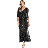 R&M Richards Women's Long Sequin Embellished Gown | Elegant V-Neck 3/4 Sleeve Dress | Cocktail Party & Special Occasions