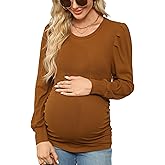 Onedreamer Women's Maternity Shirts Puff Sleeve Round Neck Tunic Top Casual Pregnancy Clothes