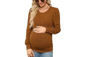 Onedreamer Women's Maternity Shirts Puff Sleeve Round Neck Tunic Top Casual Pregnancy Clothes