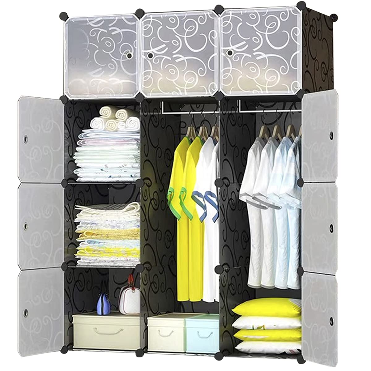 BRIAN & DANY 12-Cube Clothes Closet, Plastic Wardrobe with Doors & 2 Hangers, Deeper Cubes than Normal (45 cm vs. 35 cm) for Larger Capacity