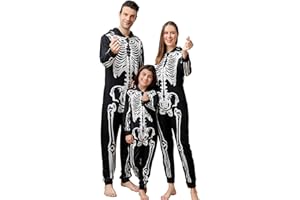 ANGELGGH Family Matching Halloween Onesie Pajamas, Funny Skeleton Hooded Zipper PJs Holiday Loungewear for Men/Women