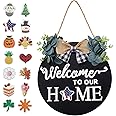 Freewindo Seasonal Interchangeable Welcome Sign for Front Door Decor, Welcome to Our Home Sign with 14 Holiday Pieces, Black, Wood, 12" x 12" x 0.34"