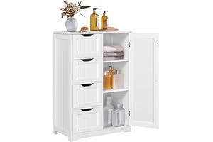 Yaheetech Wooden Floor Cabinet, Side Storage Organizer with 4 Drawers and 1 Cupboard, Freestanding Entryway Storage Unit Console Table, Bathroom Furniture Home Decor, White