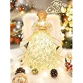 HOHOTIME 12'' Angel Tree Topper with White Feather Wings and Gold Skirt, Christmas Tree Topper with LED Light for Tree Toppers Holiday Ornament Decorations, Gold