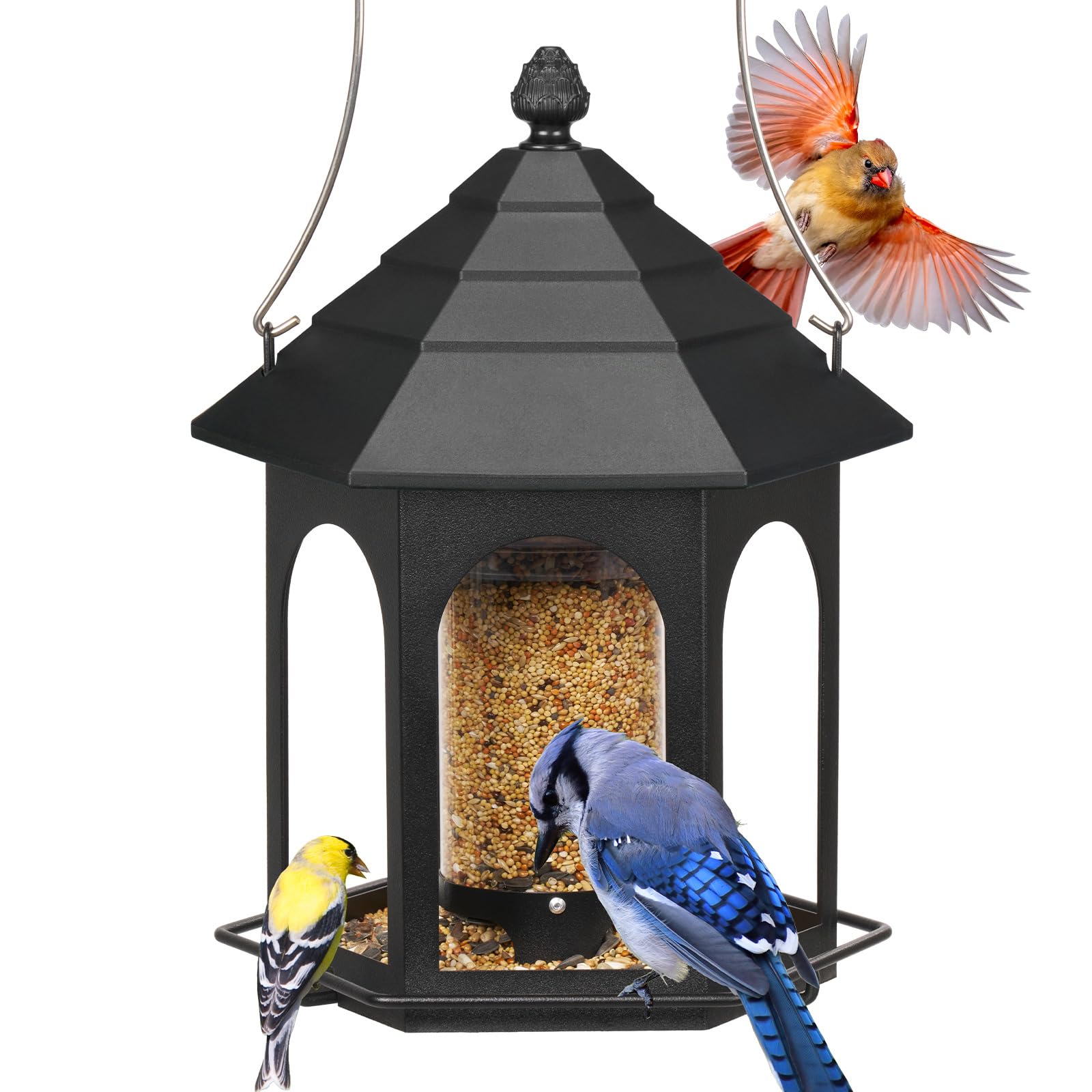 Photo 1 of Kingsyard Metal Bird Feeder for Outdoors Hanging, 3 lbs Seed Feeder, Wild Bird Feeders for Garden Cardinal Finch Bluebird, Easy to Fill & Clean, Black