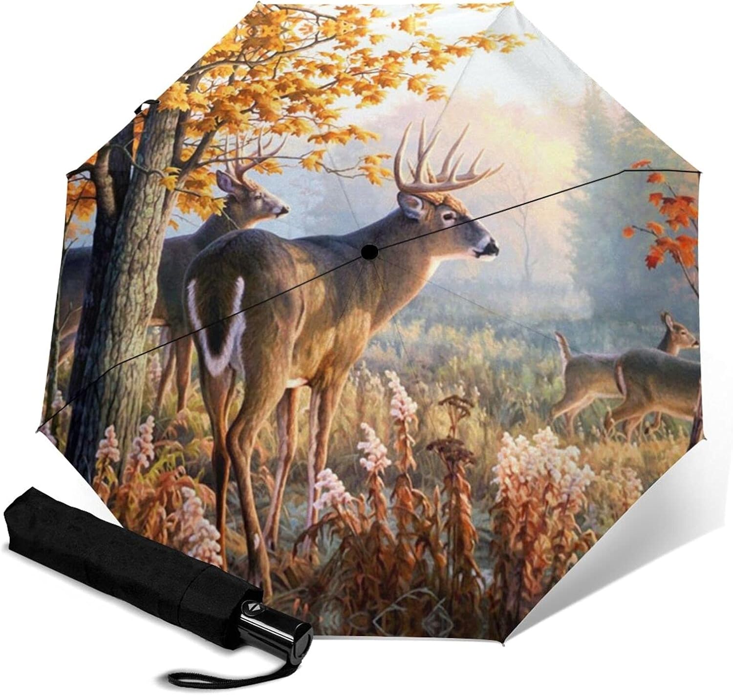 Deer Wildlife Art Printed Umbrellas, Automatic TriFold Umbrellas For