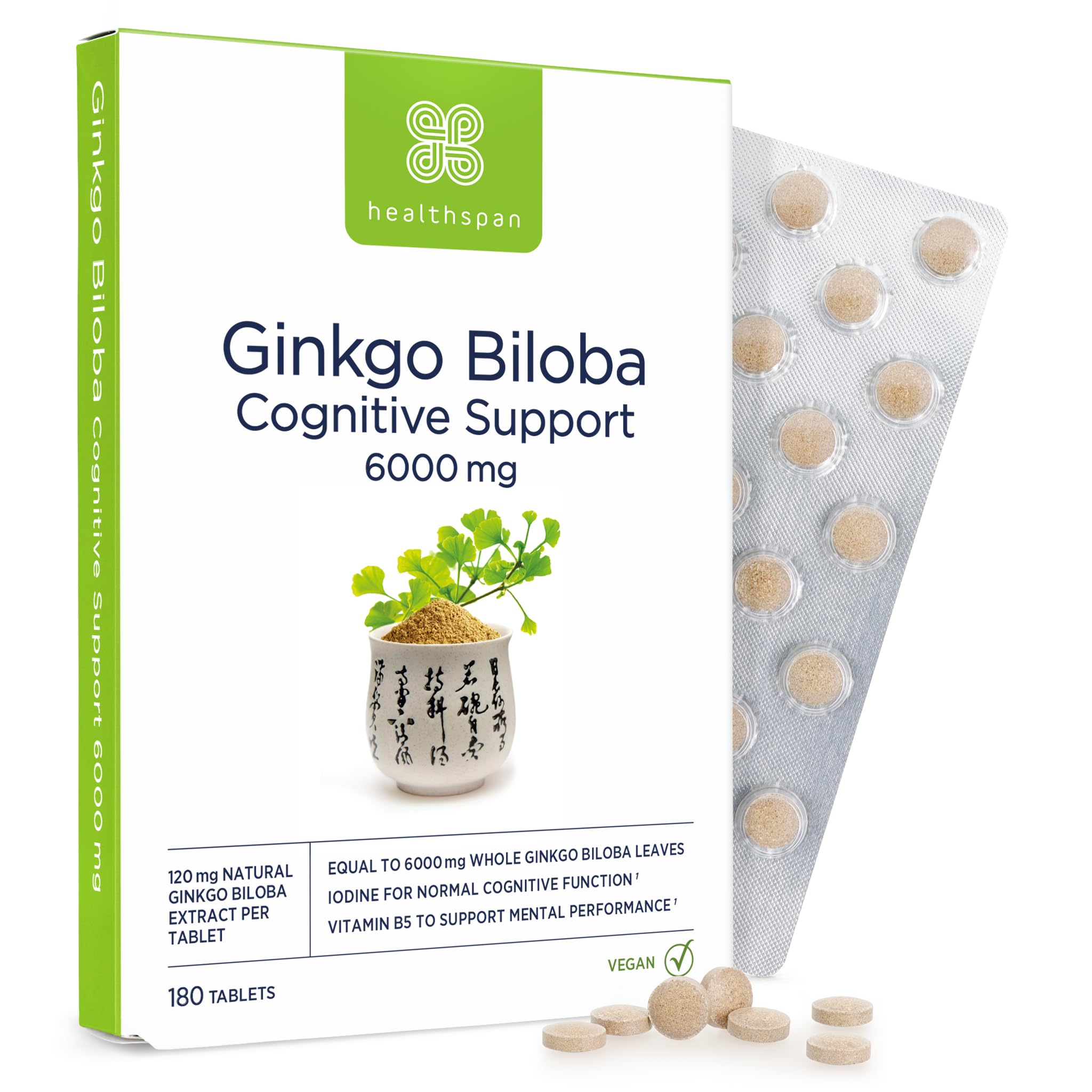 Healthspan Ginkgo Biloba Cognitive Support (6,000mg) | 180 Tablets | Maximum Strength Ginkgo Extract | Mental Function | Added Iodine & Vitamin B5 | Supports Energy | Vegan