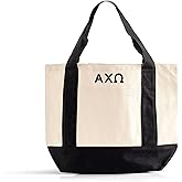 Greek Letters on Small Black Trimmed Natural Tote Bag - 100% Canvas, 14" Handles and Outer Pocket, Perfect for Everyday Use