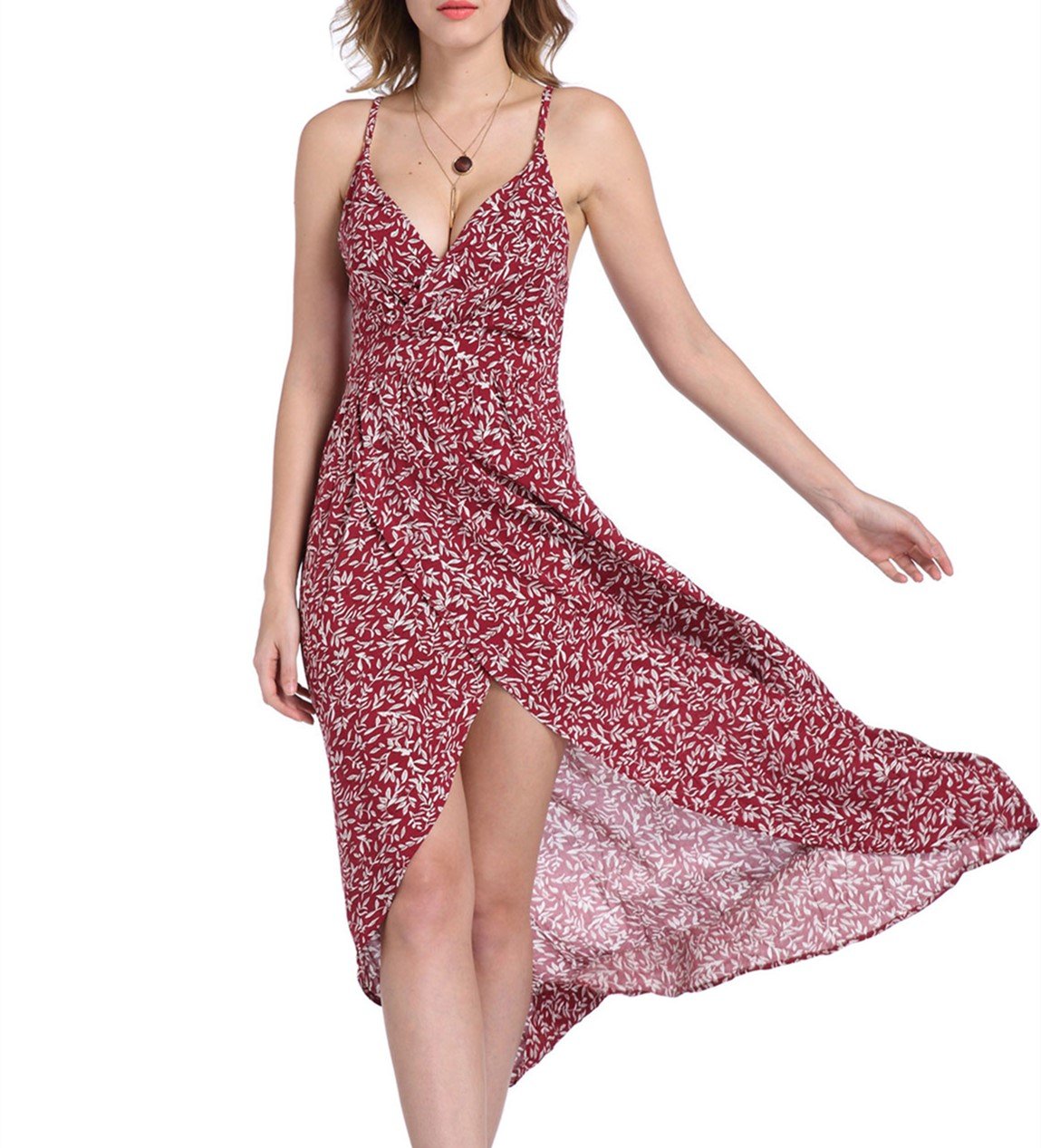 Womens Floral Maxi Dress Spaghetti Strap V-neck High Split Long Dresses