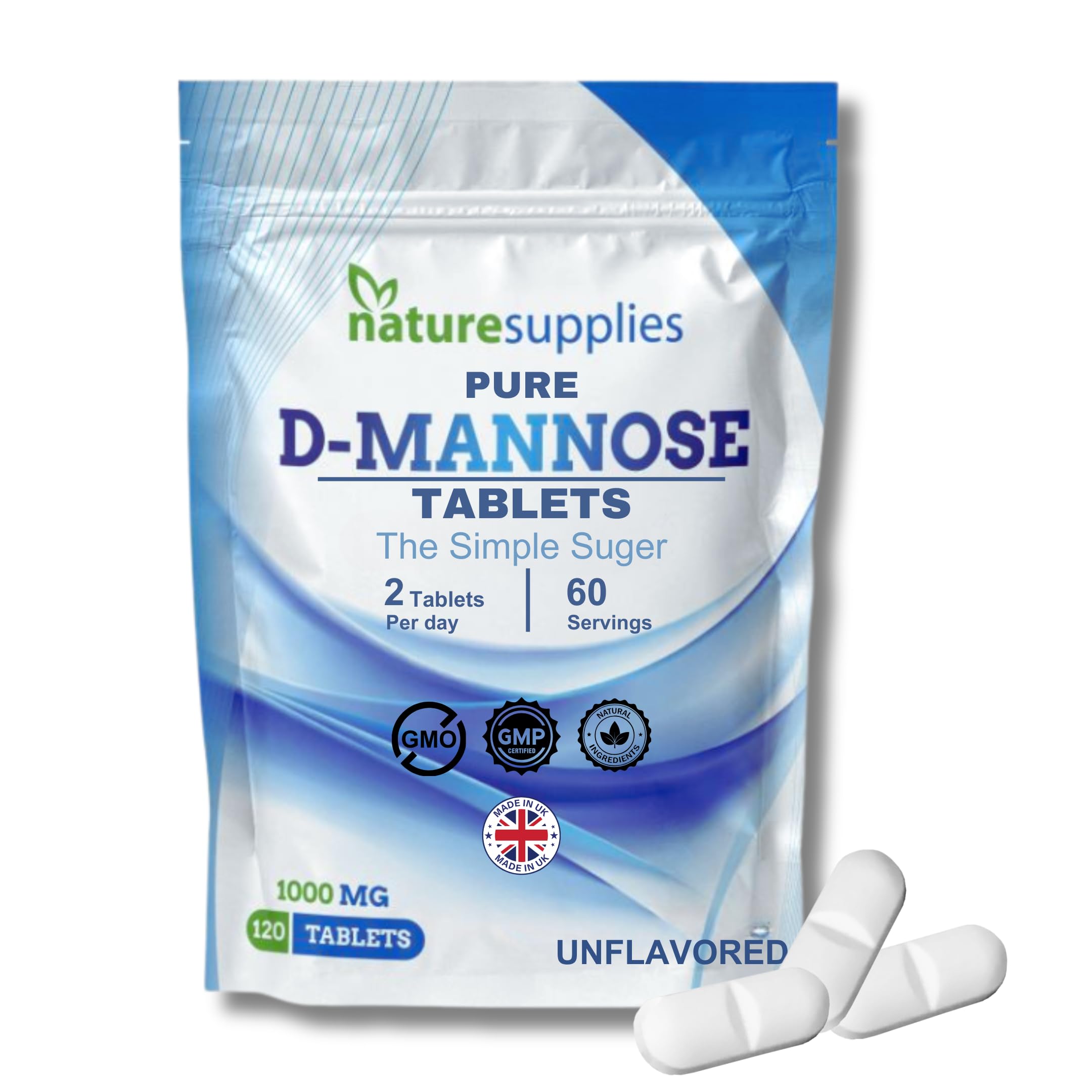 D Mannose Tablets 1000mg - 120 Pack Dmannose Tablets - (Not D Mannose Capsules or Powder) - Suitable for Vegetarians and Vegans - High Strength D-Mannose Supplement from Naturesupplies