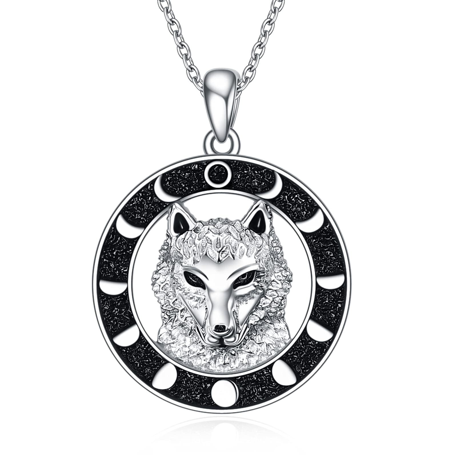 Wolf Pendant Necklace 925 Sterling Silver Moon Phase Wolf Head Viking Norse Necklace Jewelry Gift for Women Men