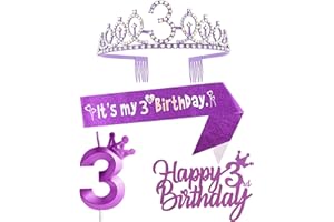 Yiran 3rd Birthday Decorations for Girl, Including Crown, Sash, Cake Toppers & Number 3 Candles, Purple Princess Party Supplies