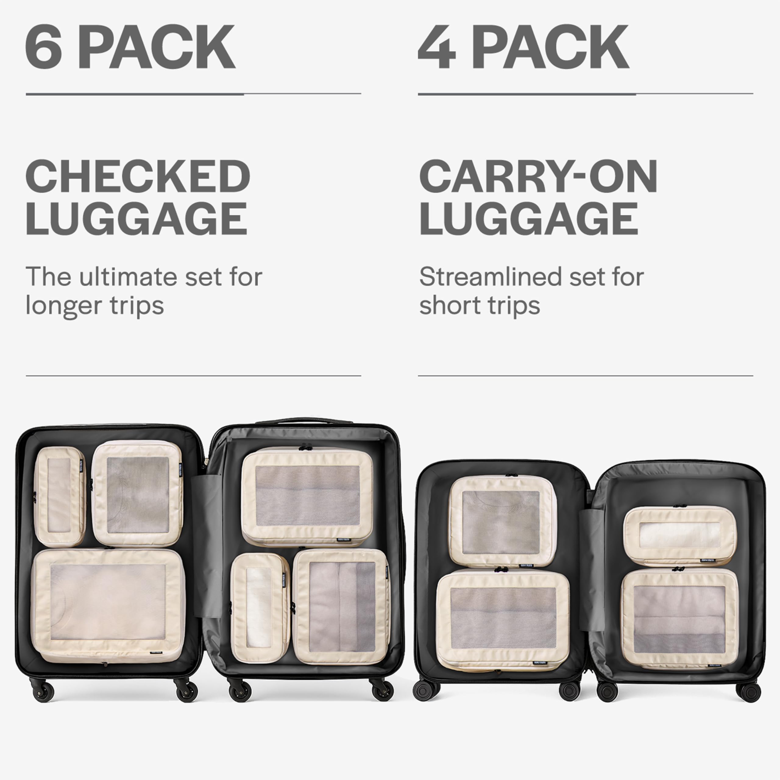 Aerotrunk Compression Packing Cubes for Travel - Luggage Organizer Bags - Double Zipper Packing Cubes for Suitcases (6-Pack, Beige)