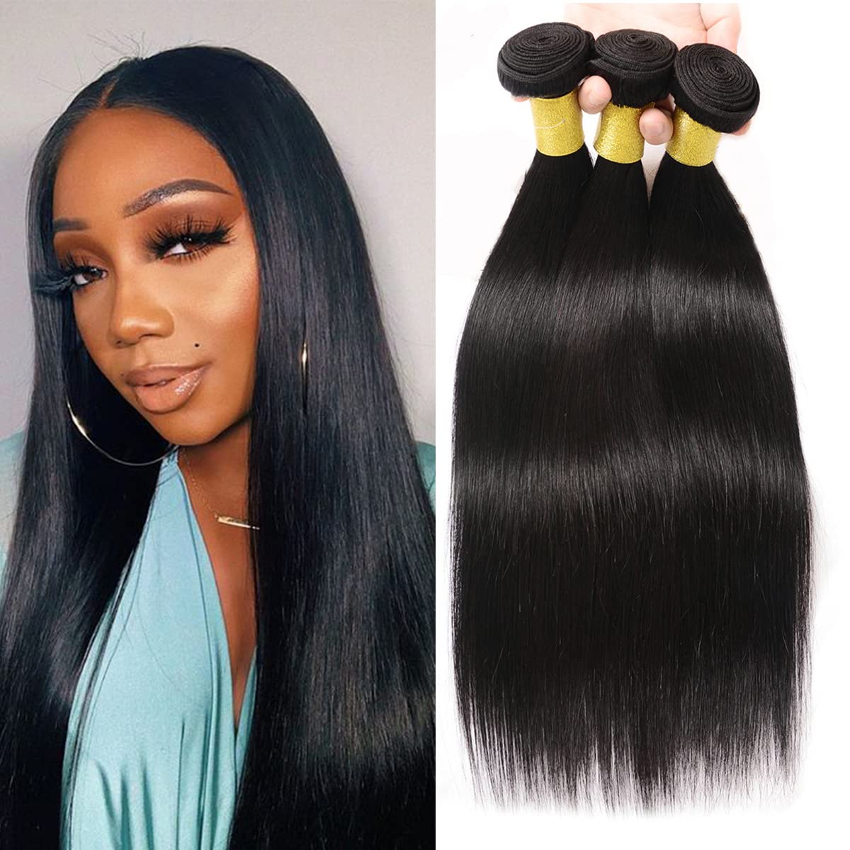 Datanala Straight Human Hair Bundles Brazilian 12A Grade Virgin 100% Unprocessed Straight Human Hair Extension for Women Straight 3 Bundles Natural Black Color(12 14 16Inch, straight bundles) โ image 1