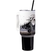 Silver Buffalo Nightmare Before Christmas, Stainless Steel Tumbler, 40oz | Disney, Double Walled, Handle, Straw, Fits in Standard Cup Holder, Jack Skellington Hill and Moon, White, Black, 1.18 Liters