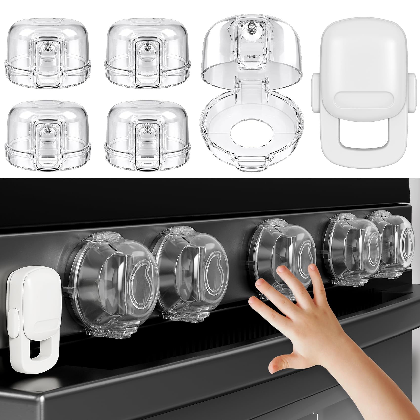 Photo 1 of Stove Knob Safety Covers for Child (5 + 1 Pack), Upgraded Universal Size Press Gas Stove Covers with Adhesive, Heat-Resistant Childproof Oven Knob Locks for Kids and Pets (Clear)