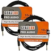 Gearlux Instrument Cable/Guitar Cable, 1/4 Inch, Straight to Straight, Black, 10 Feet - 2 Pack