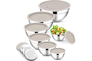 E-far Mixing Bowls with Lids Set, 7-Piece Stainless Steel Mixing Bowls with 3 Grater Attachments, Size 4.6, 3.5, 2.6, 2, 1.5, 1, 0.7QT, Metal Nesting Bowls & Khaki Airtight Lids, For Baking/Cooking