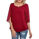 Neineiwu Womens Casual Scoop Neck Loose Top 3/4 Sleeve Chiffon Blouse Shirt Tops