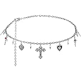 Sacina Silver-tone Cross Moth Heart Spike Chain belt, Waist Belly Chain, Gothic Goth Punk Grunge Emo Belt, Goth Accessories