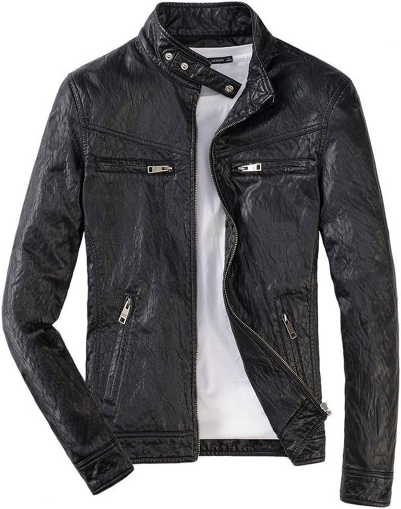 Men Solid Full Sleeve Moto Suede Faux Leather Jacket Wrinkle Punk Pu Coat Black