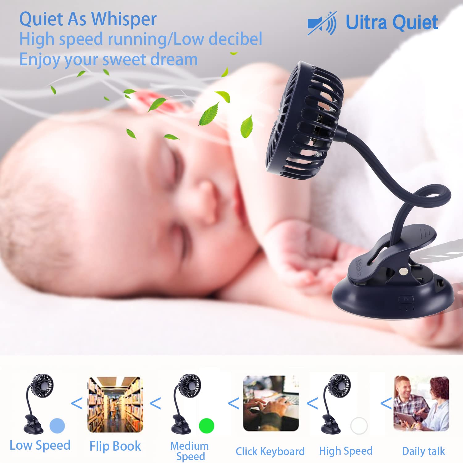 Clip on Small Mini Fan, Portable Usb Battery Operated Rechargeable Quiet Personal Desk/ Baby Stroller Fan 3 Speeds Flexible Neck Great for Bed Office Car Dorm Travel Camping Beach