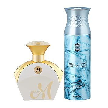 Maryaj M White for Her Eau De Parfum Floral Fruity Perfume 90ml for Women and Ajmal Avid Homme Deodorant Aquatic Woody Fragrance 200ml for Men + 2 Parfum Testers FREE