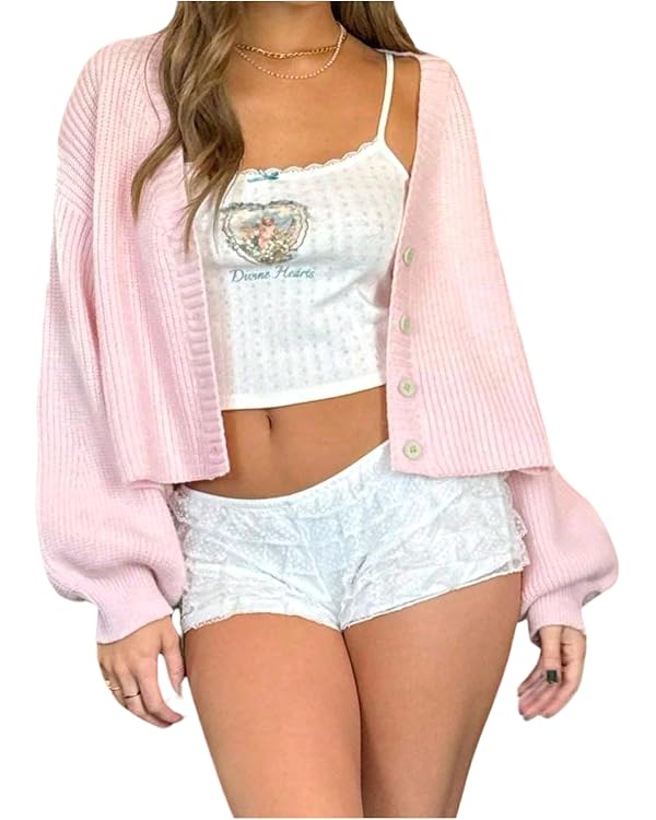 Verdusa Women's Lantern Sleeve Cardigan Sweaters Cozy Button Up Knit Outerwear