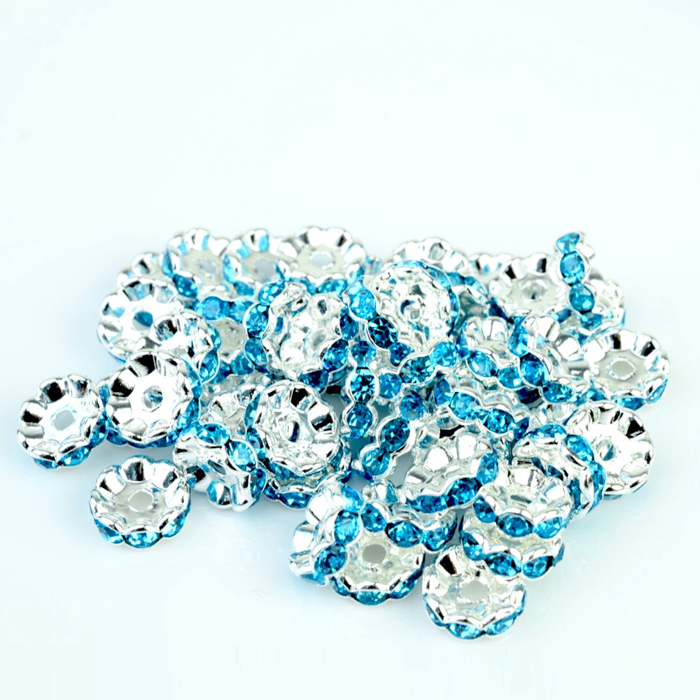 RUBYCA 100pcs 6mm Wavy Rondelle Spacer Beads Silver Tone Aquamarine Blue Czech Crystal