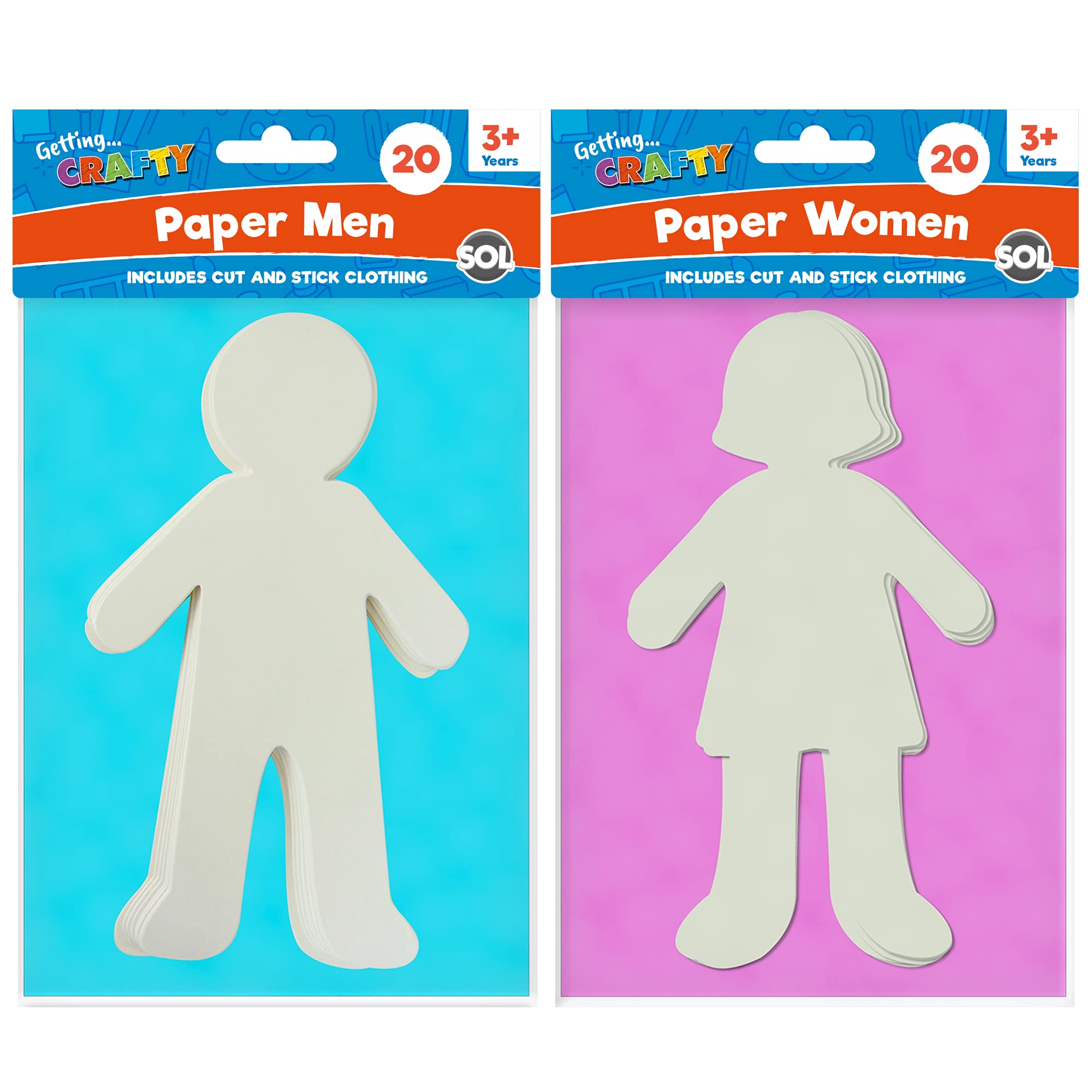 SOL 40pk Paper People Cut Outs Men and Women - Cardboard Craft Dolls for Kids - Stimulates Creativity, Includes Outfits for Customisation, Ideal for Arts, Colouring, and Motor Skills Development