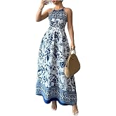 Floerns Women's Floral Boho Maxi Dress Sleeveless Halter Neck Summer Vacation Long Dresses