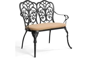 HOMEFUN Outdoor Bench with Cushion - Patio Garden Benches Metal Loveseat Butterfly Cast-Aluminum Outdoor Furniture for Park Lawn Front Porch Black
