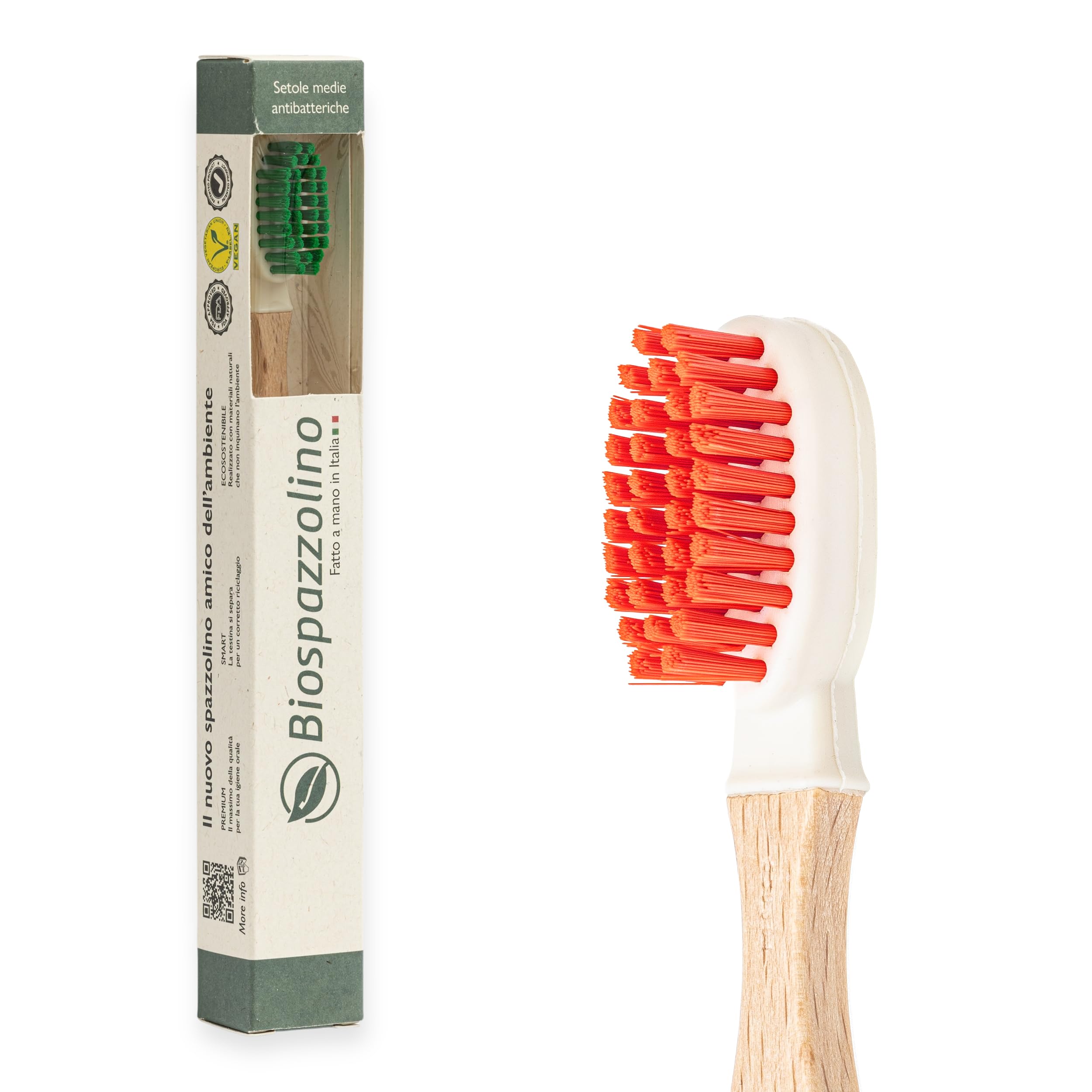 ONWOOD - Biodegradable and Compostable Beech Wood Biobrush, 100% Recyclable, Protects Teeth Enamel and Removes Plate, Rubber Head - 1 Toothbrush with Red Head