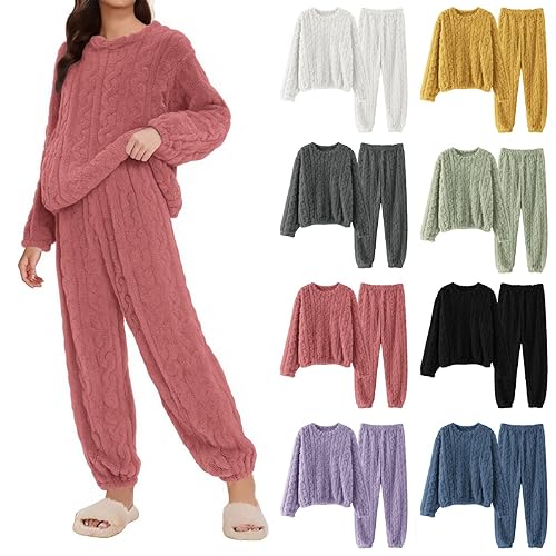 peiaclkde Women Fleece Pyjama Set Fluffy Pyjamas Winter Warm Thermal Pjs Sets Long Sleeve Tops And Wide Leg Pants Two Piece Outfit Ladies Lounge Wear Sets Matching Christmas Pyjamas Cozy Nightwear