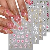 Fspronail 5D Embossed Flower Nail Stickers 5PCS Gold Pink Floral Nail Decal | Self-Adhesive White Flower Sticker Cherry Blossom Hibiscus Nail Design Spring Summer Gold Lines French Tips Pegatinas Uñas