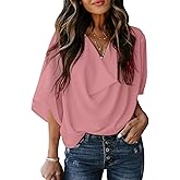Dokotoo Womens Spring Fashion 2025 Womens Tops Business Casual Outfits Trendy Blouses & Button Down Shirts 3/4 Sleeve Summer Tops Cute Wrap Blouses Dressy Work Pink Shirts Office Clothes, Medium