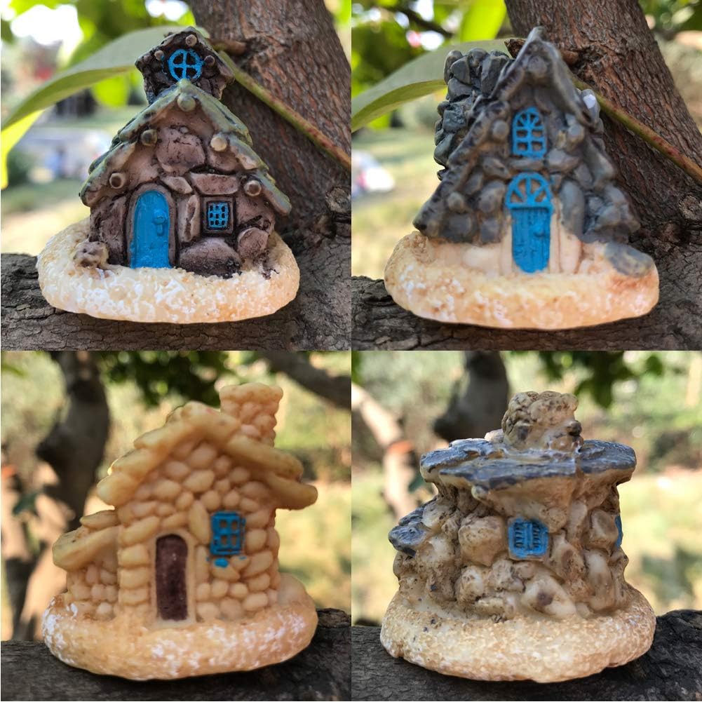 4 Pcs Miniature Fairy Garden House, Mini Stone House, Mini Fairy Cottage House for Garden Decoration, Miniature Fairy Garden Ornaments kit for Micro Landscape Decoration (4 Pcs Miniature Stone House)