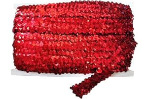 Gnognauq 10 Yards 1 inch Elastic Sequin Glitter Trim Spool String Metallic 3-Row Fabric Paillette Ribbon Trim for Wedding Dress Embellish Headband (Red)