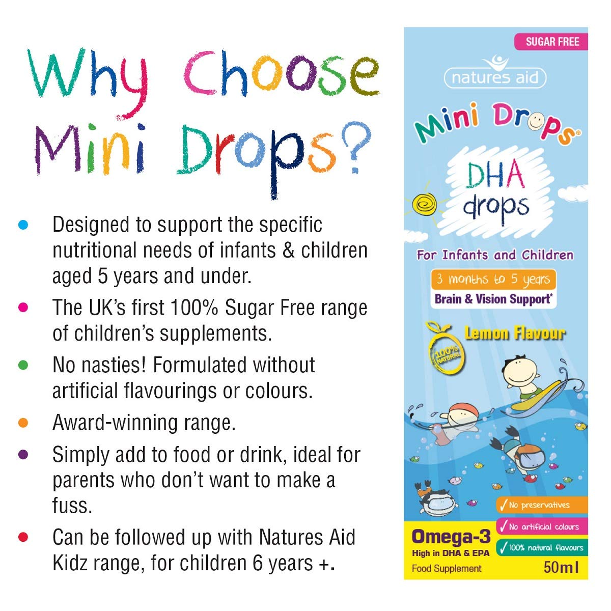 Natures Aid DHA Drops, Omega3, Brain and Vision, Infants/Children, Sustainably Sourced, Sugar