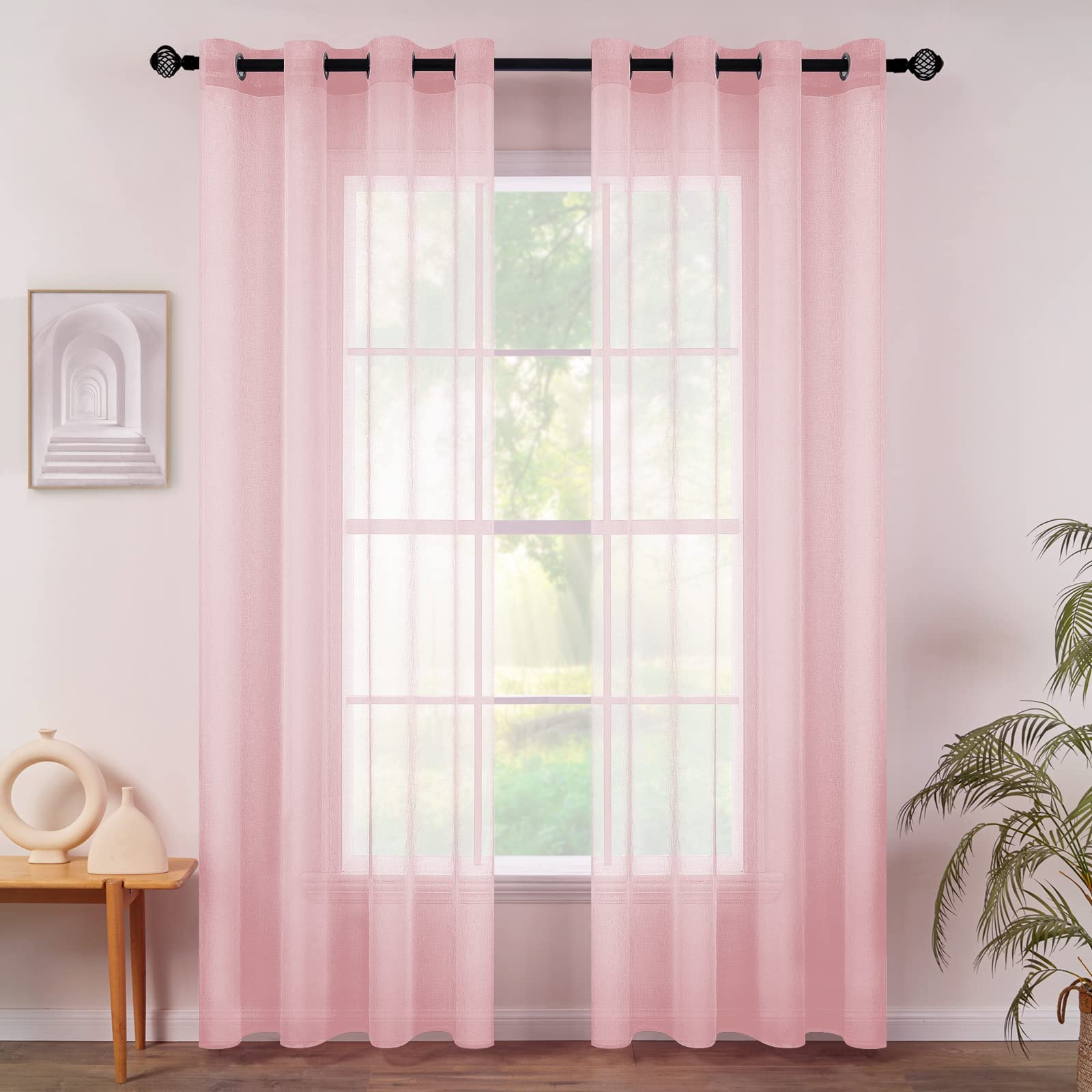 MIULEE 2 Panels Sheer Window Curtains Elegant Window Voile Panels/Drapes/Treatment for Bedroom Living Room 54''W x 96''L Grommet Top Pink