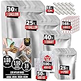 120 Mylar Bags with 150 Oxygen Absorbers-168 Labels & Stand-Up Reusable 4 Sizes Airtight Smell Proof Resealable Bags with 15 