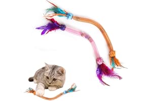 Coivnl Cat Toys for Indoor Cats – 2 Pack Feather Toys with Pom-Pom & Bells, 19.5 Inch Teething Cat Toys Bundle for Chew, Cat Spiral Spring, Kitten Teething Toys