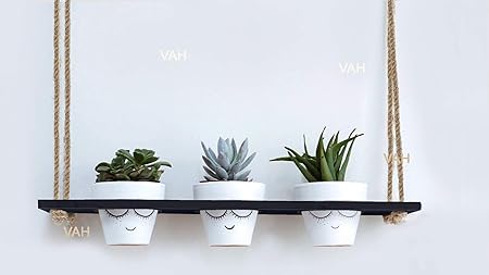 VAH Wood Hanging Planter Shelf Plant Hanger Decorative Flower Pot Rack with Rope Home Decor Hanging Planter-Plant Stand-Vertical Planter-Planter Rack ( 3 Pot Black Planter)