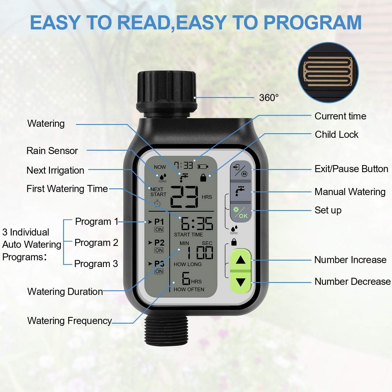Bearbro Automatic Water Timer,3 Separate Irrigation Digital Programmable,Sprinkler Timer with Rain Sensor/Child Lock/Auto & Manual Watering Mode/IP65 Waterproof,Garden Lawn Hose Faucet Water Timer: Kitchen & Dining