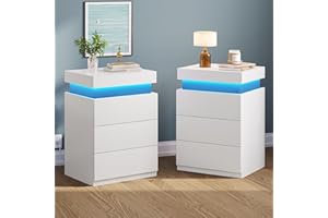 BTHFST LED Nightstands Set of 2,Night Stands for Bedrooms Set of 2,Nightstand with Charging Station and Sliding Top,Bedside Table with Power Outlets & Drawers,Modern End Side Table (White)