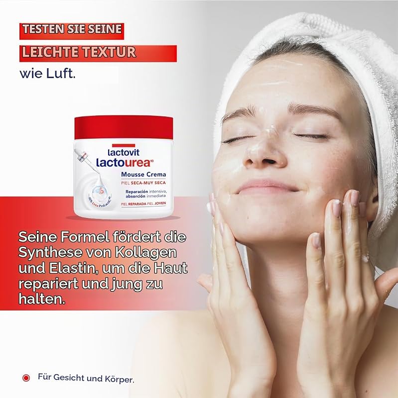 - Mousse Crème Feuchtigkeitsspendende Lactoharnstoff für Körper und Gesicht, 24 Stunden Lebensdauer, für trockene und sehr trockene Haut - 400 ml